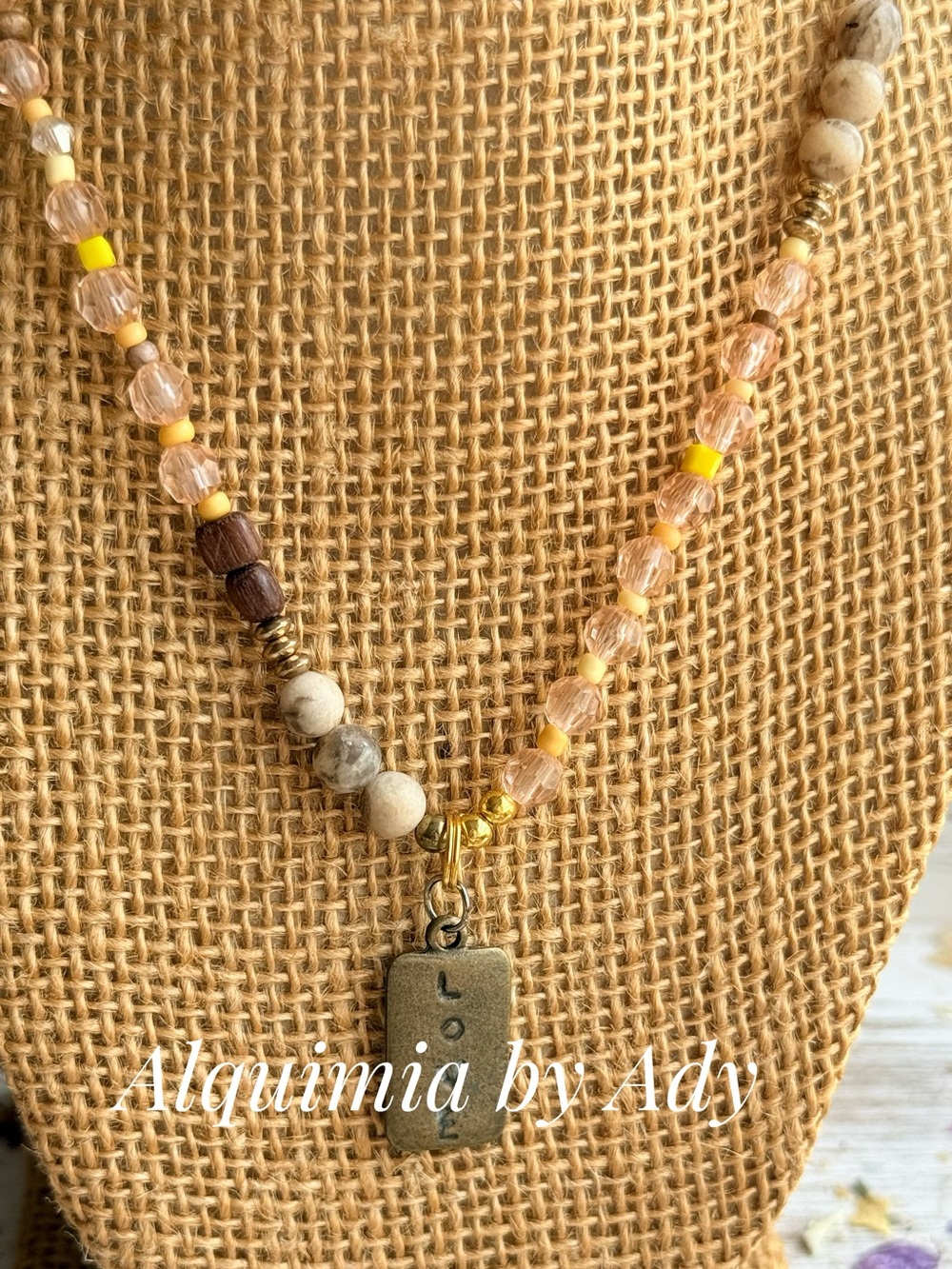 Skin jasper and bronze tag pendant beaded short necklace + Fall